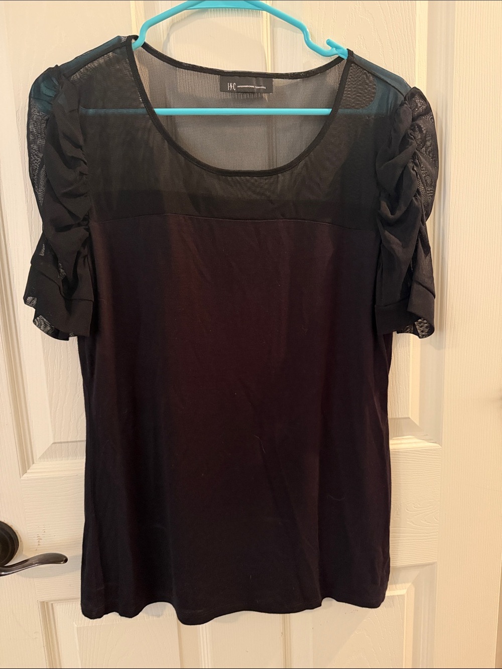 INC International Concepts Black Mesh Yoke Ruffle Sleeve Top
